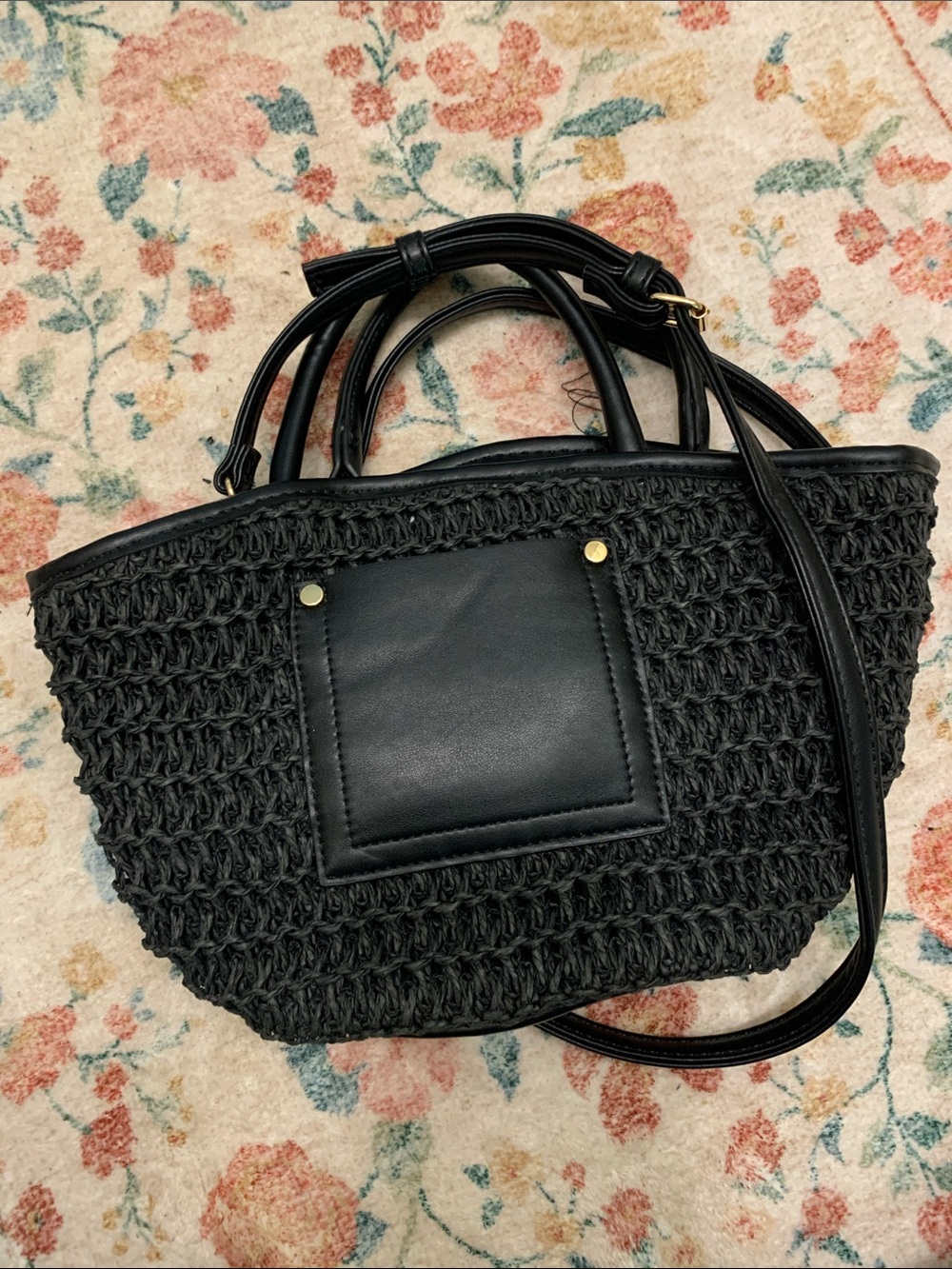 Forever 21 Black Woven Tote with Leather Trim
